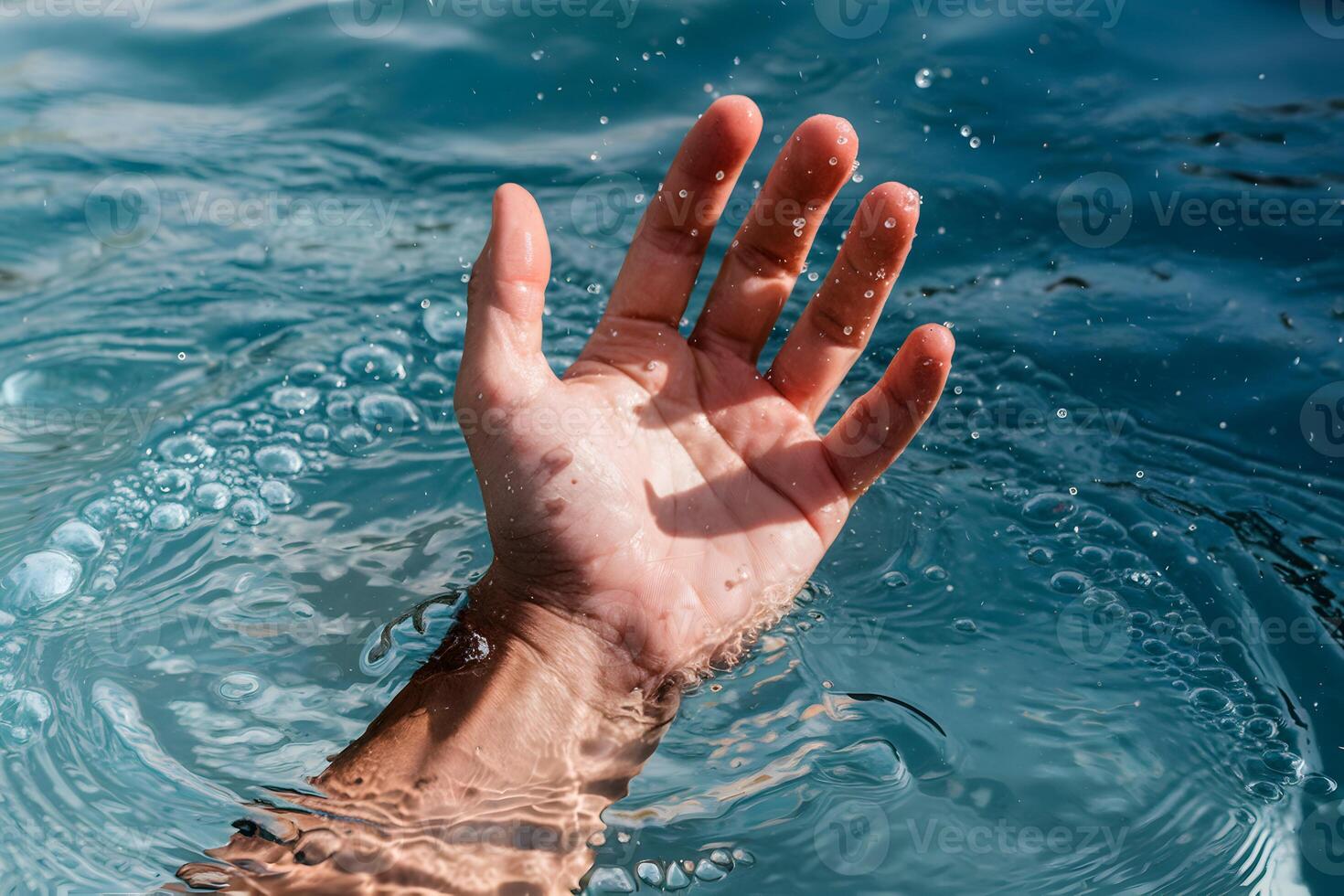 Hand emerges from blue water, droplets emphasizing urgency and emotional intensity photo