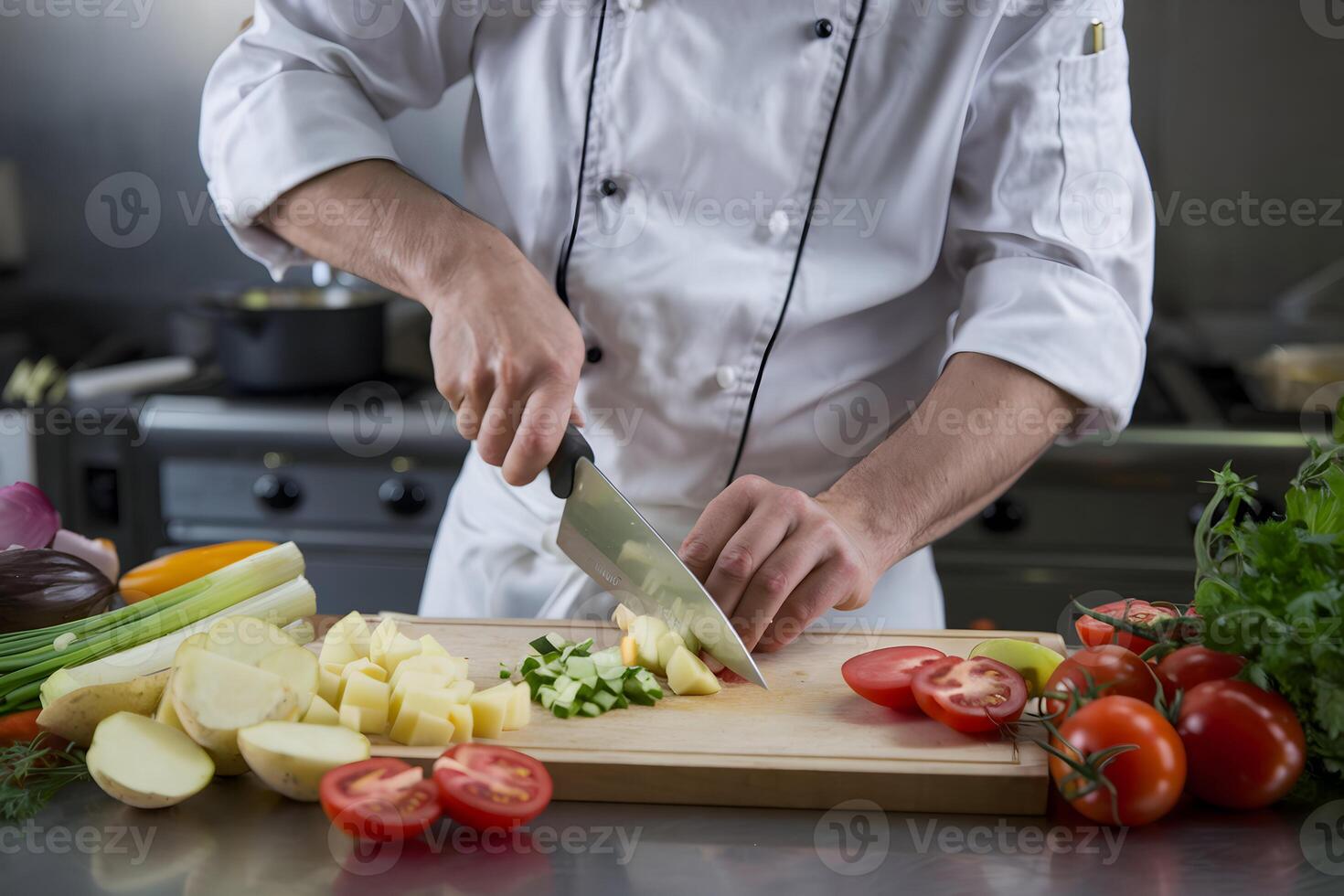 Chef chops vegetables surrounded by fresh ingredients in commercial kitchen photo