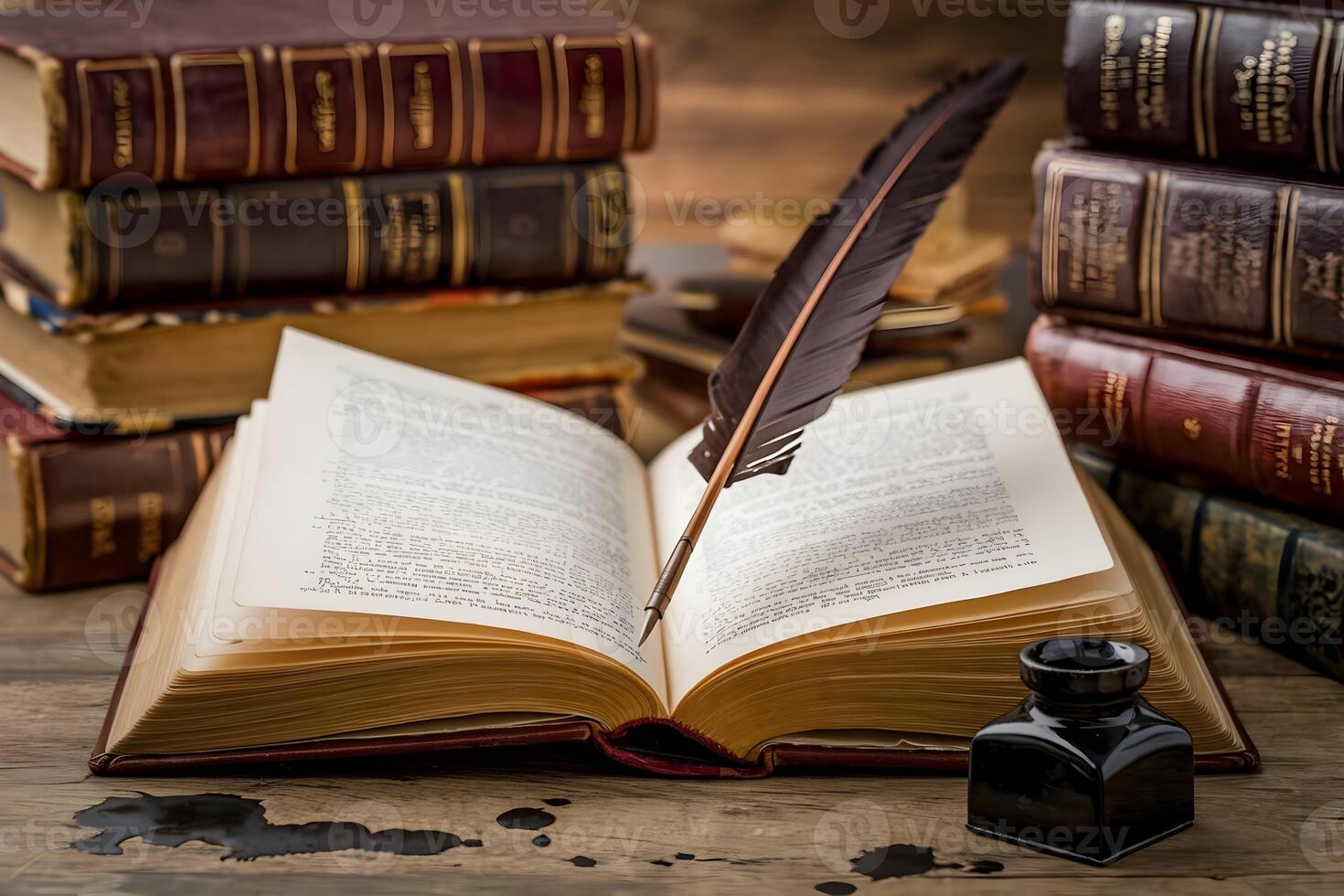 Open book and quill surrounded by leather books exude vintage scholarly vibes photo