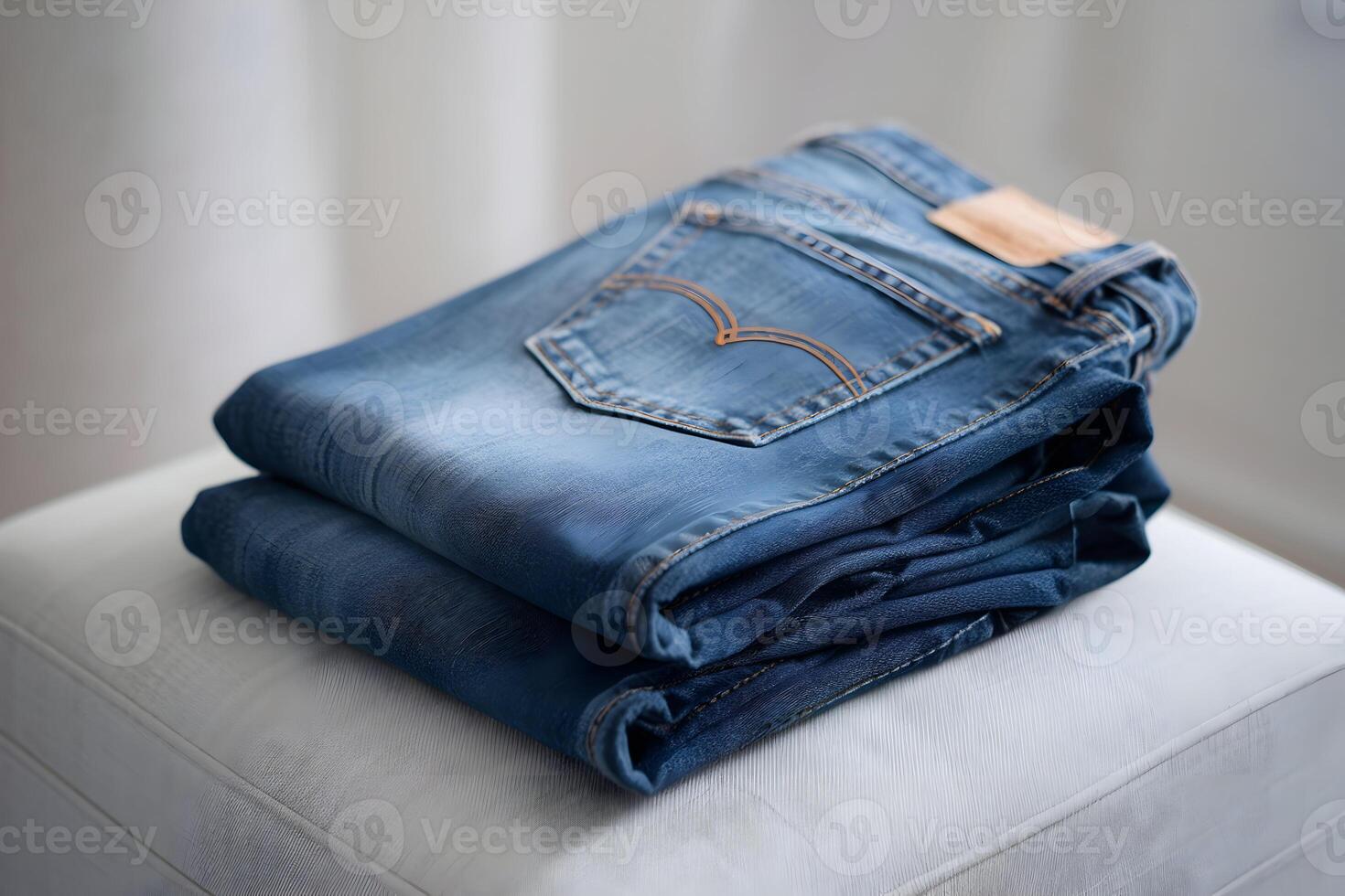 Folded blue jeans on surface with sharp stitching details in blurred background photo