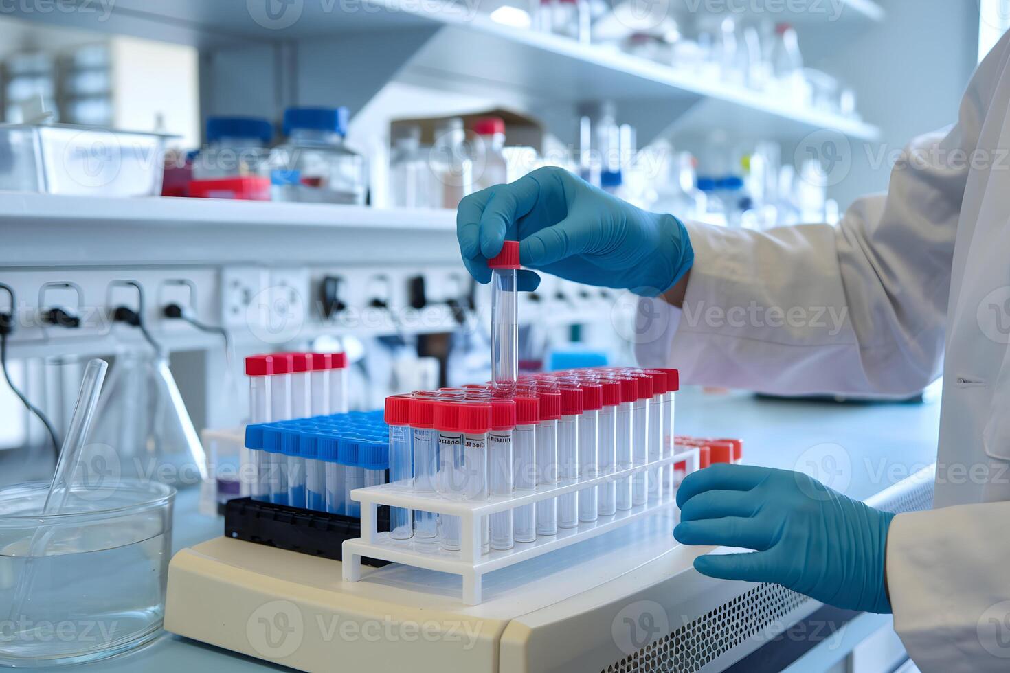 Laboratory worker holds test tube grid in organized research environment photo