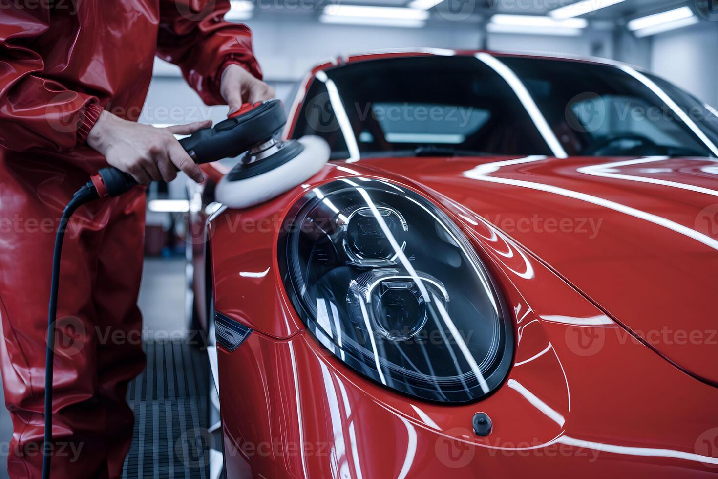 Worker polishes red sports car, emphasizing shiny headlight in professional garage photo