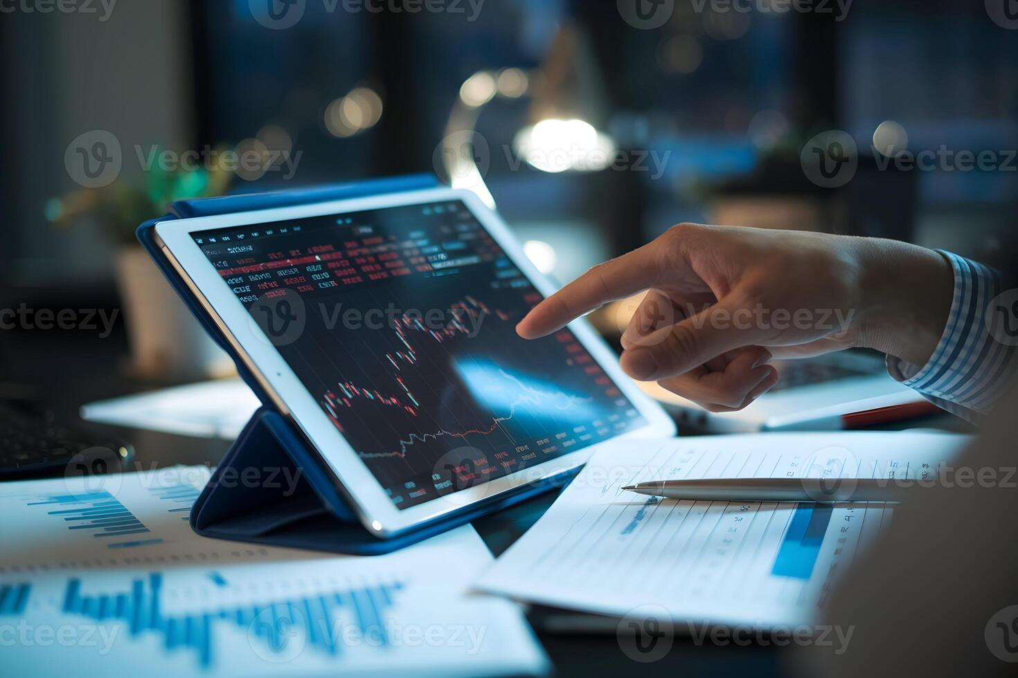 Person analyzes stock data on tablet surrounded by notes in dim office photo