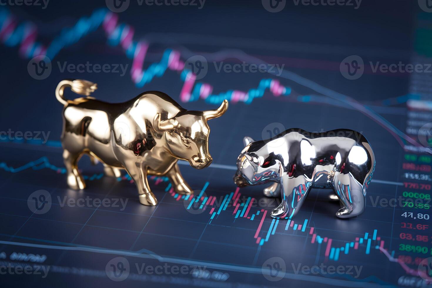 Bull and bear figurines on stock chart emphasize market trends symbolically photo