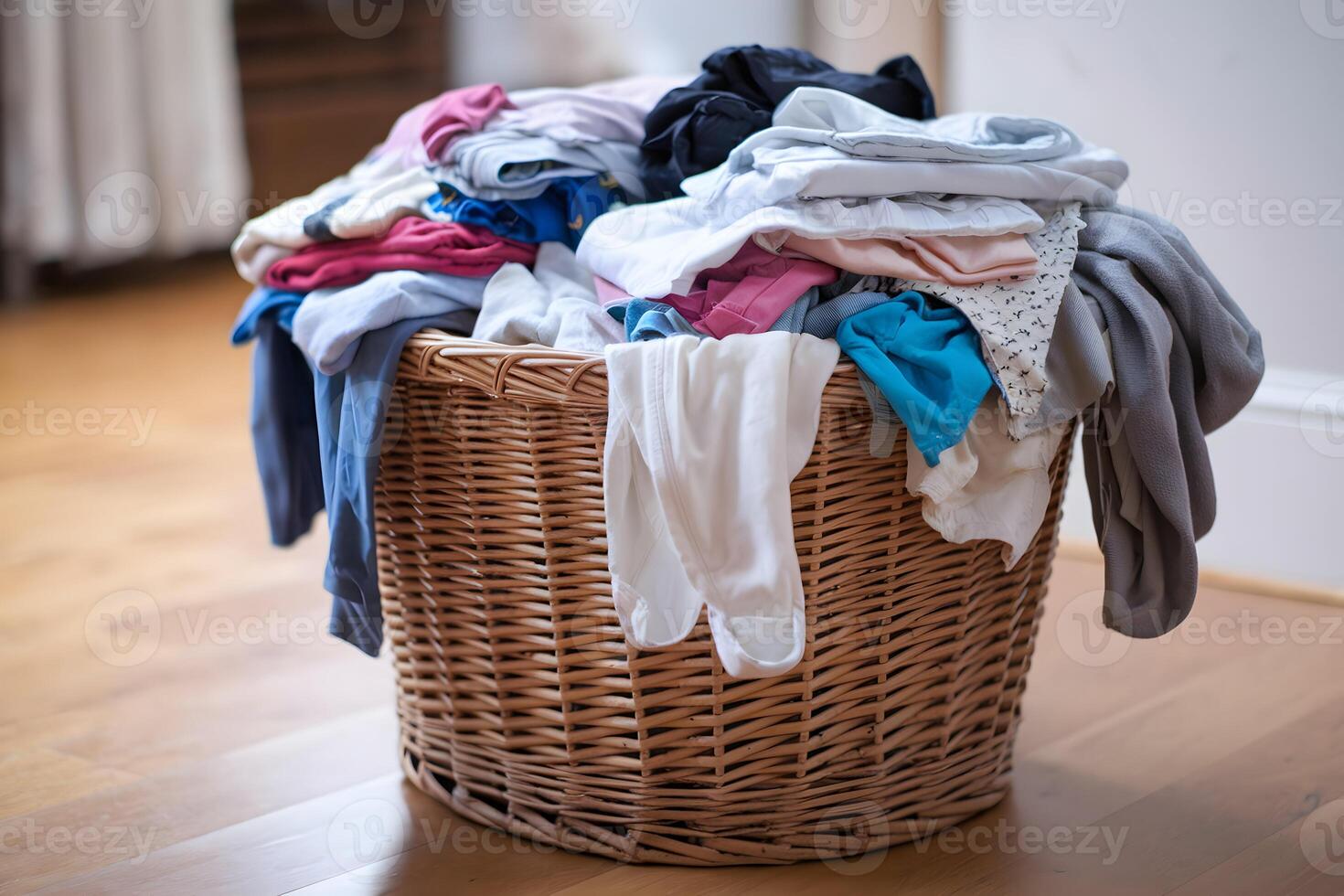 Wicker basket brimming with clothes highlights domesticity and daily chores photo