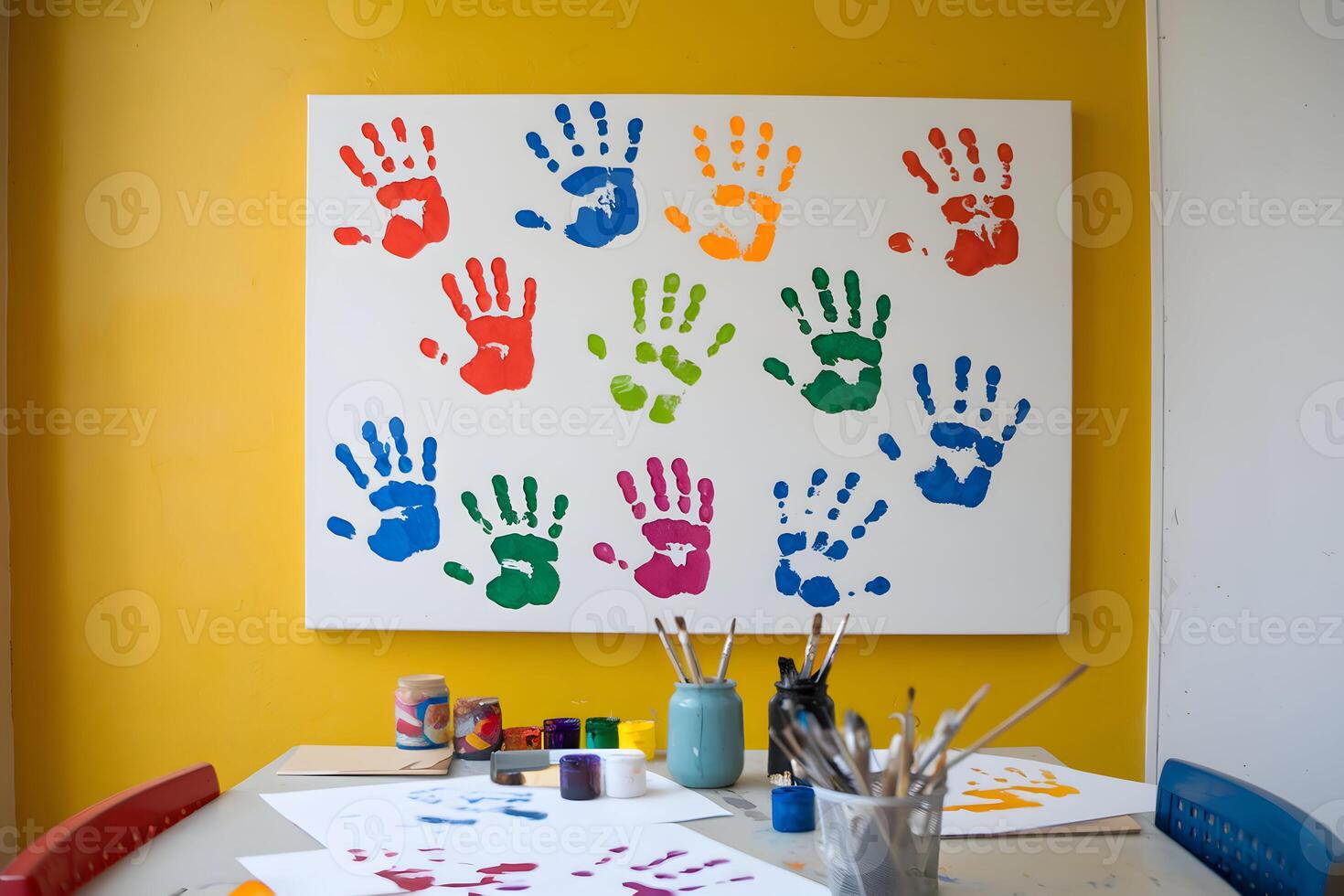 Yellow wall with colorful handprints and paint table invites creative energy in studio photo