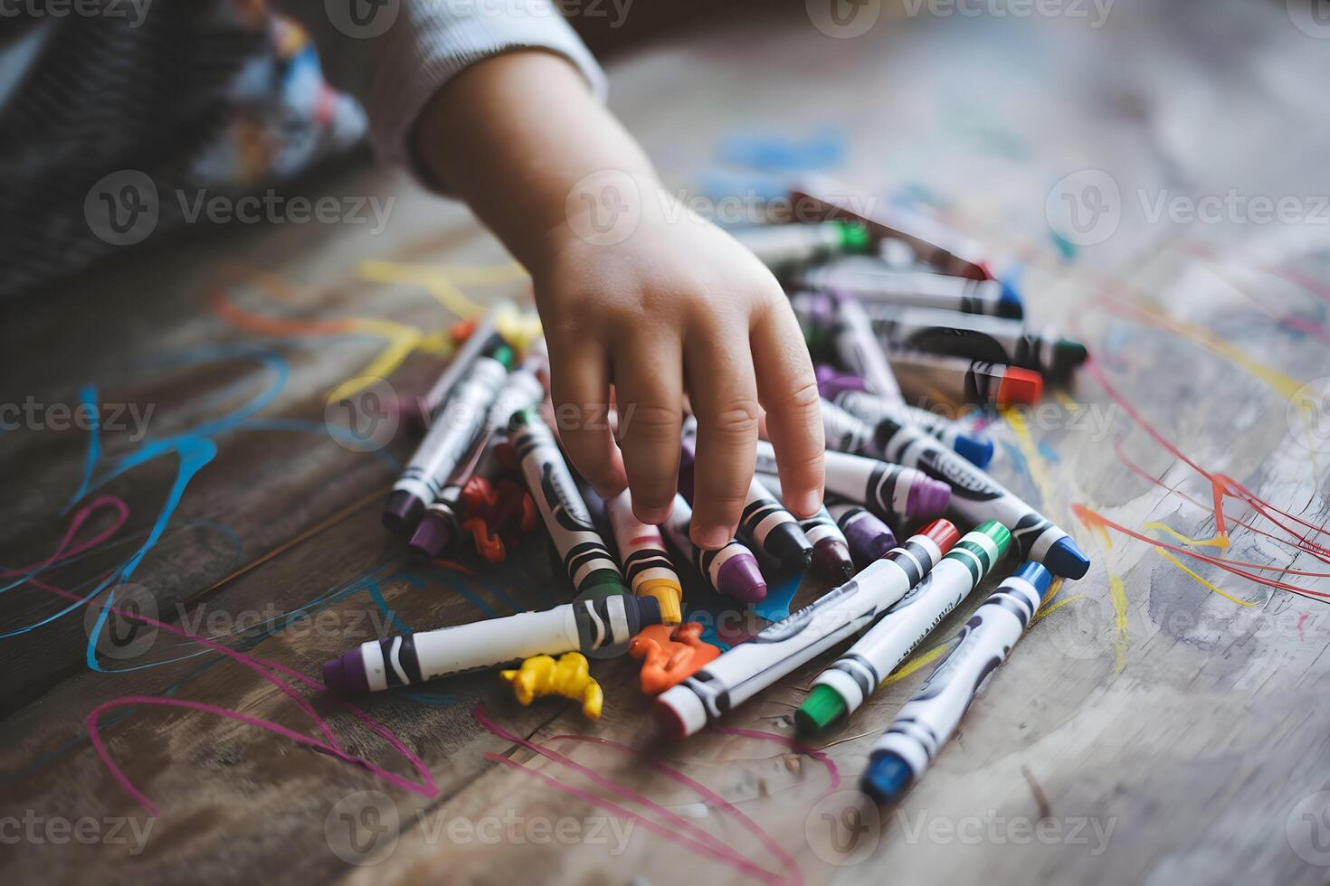 Childs hand reaches for crayon among colorful scribbles, evoking artistic joy photo