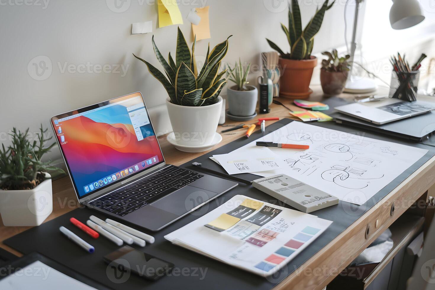 Creative workspace with sketches and markers blends technology and organic inspiration photo