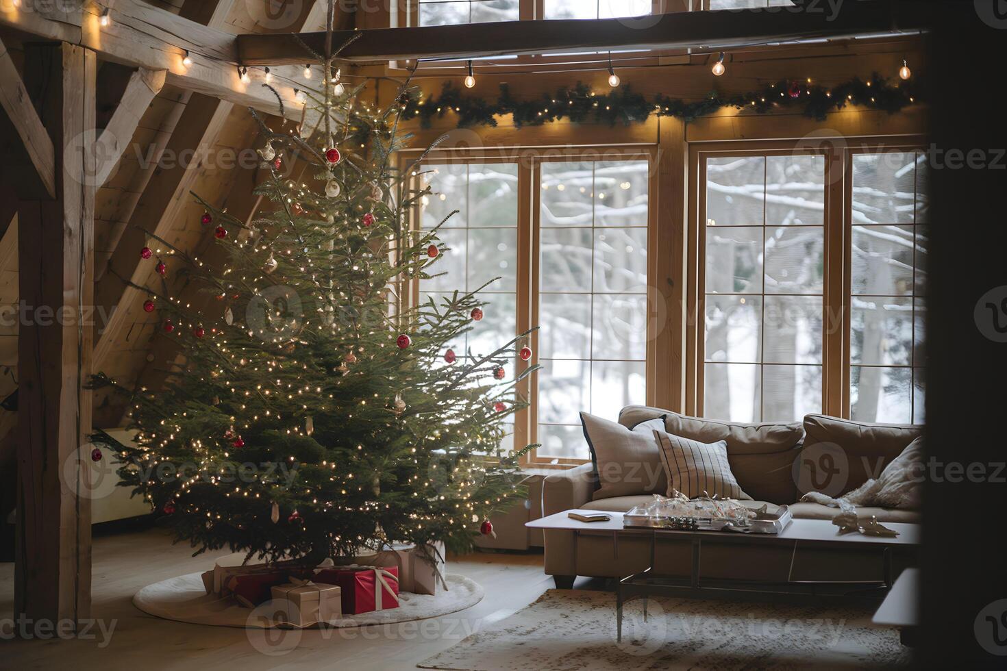 Decorated Christmas tree with rustic beams and snowy windows enhances festive serenity photo