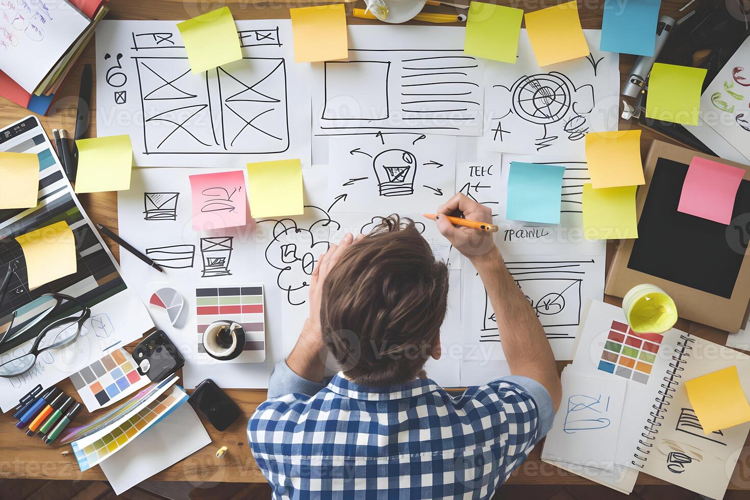 Designer sketches at desk filled with notes, vibrant sticky notes enhance creativity photo