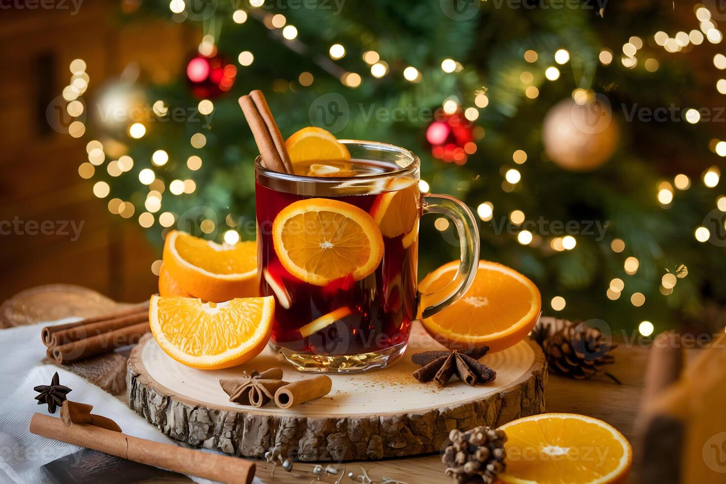 Mulled wine in glass mug with spices, set against Christmas tree backdrop photo