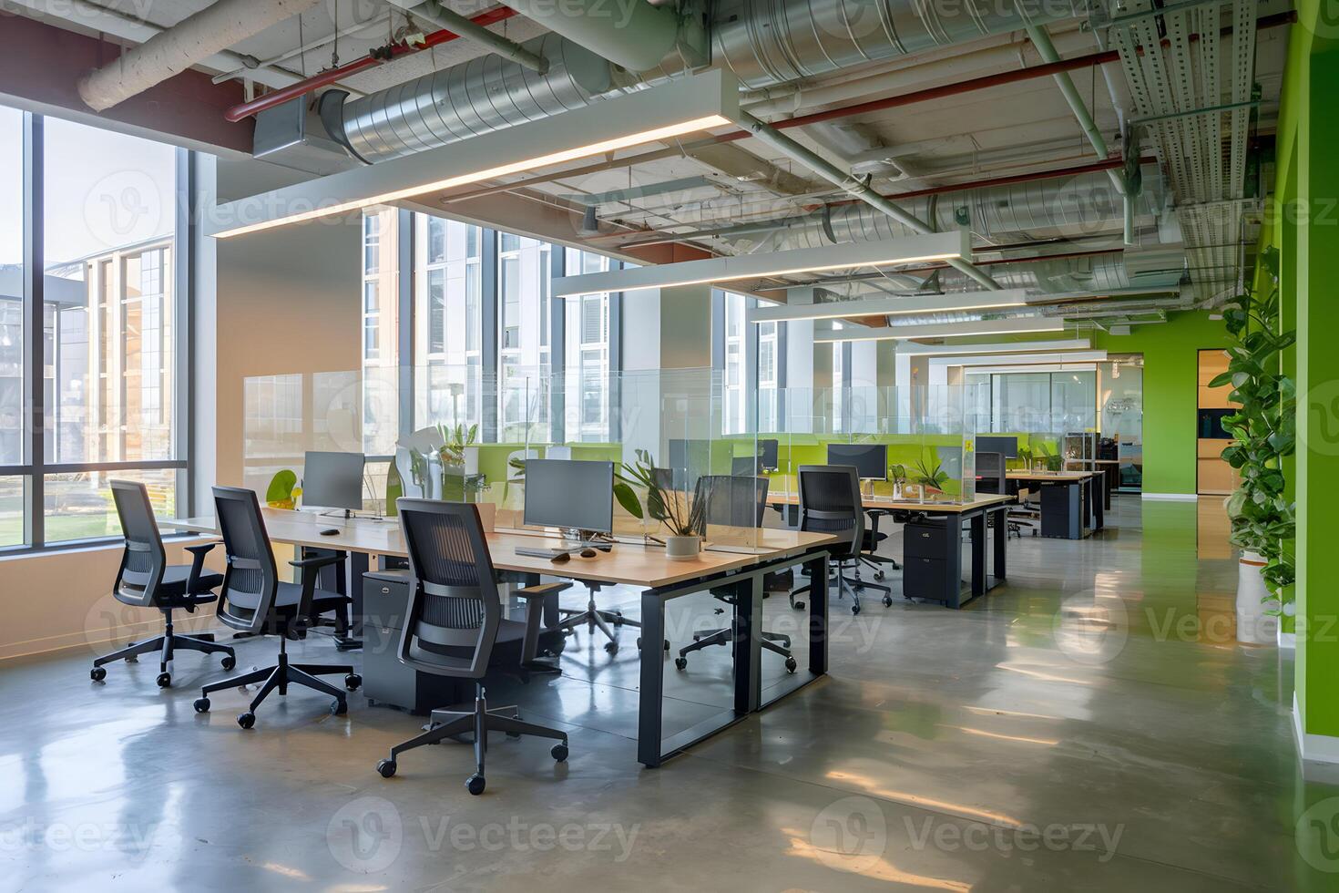 Office with glass desks, exposed ceiling, and large windows featuring industrial design photo