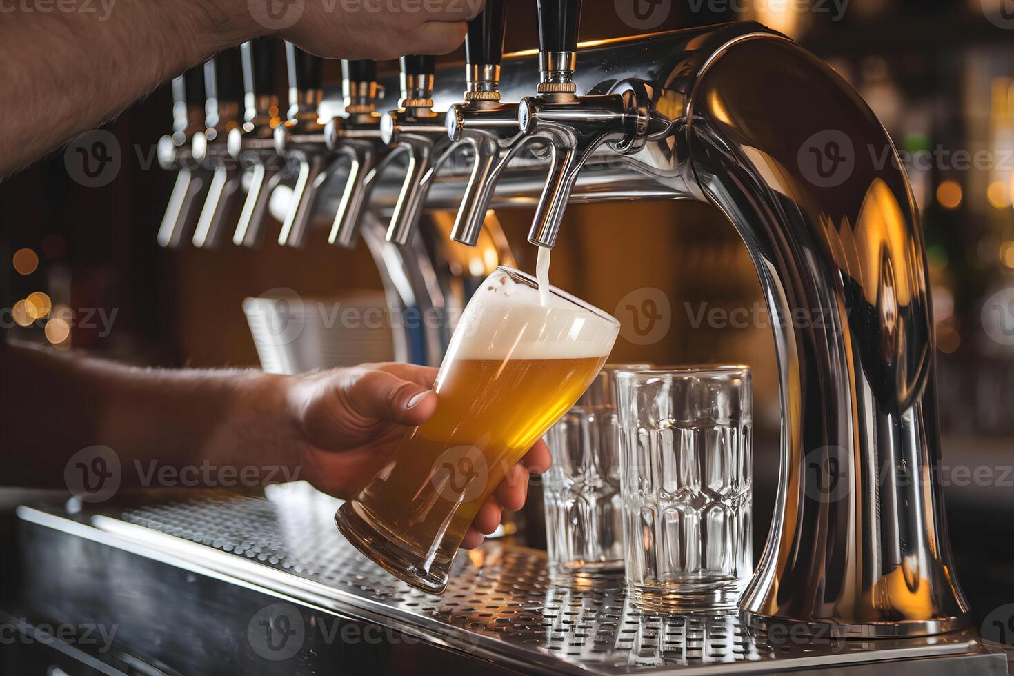 Beer Taps and Frothy Glass in Dimly Lit Bar Setting photo