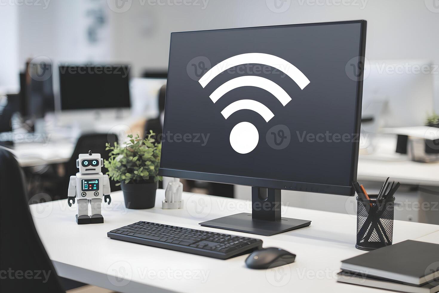 Computer monitor shows Wi Fi signal, sleek organized desk, tech inspired modern workspace photo