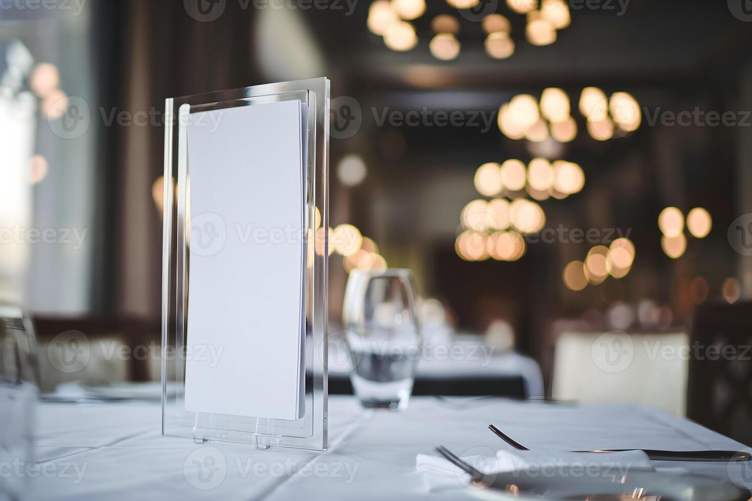 Transparent menu holder on elegant restaurant table with ambient lighting photo