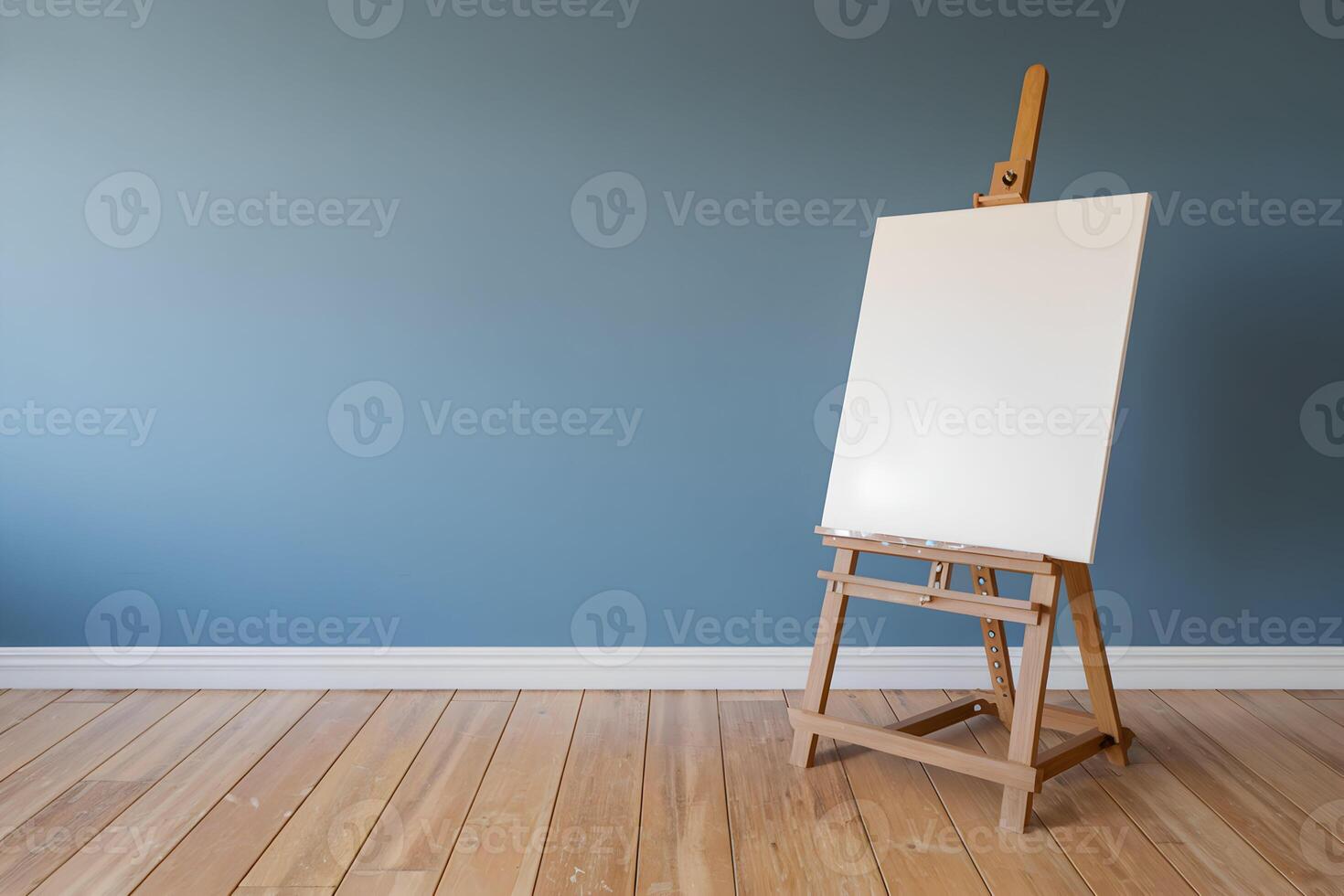 Wooden easel and blank canvas in minimalist studio with wooden floor photo