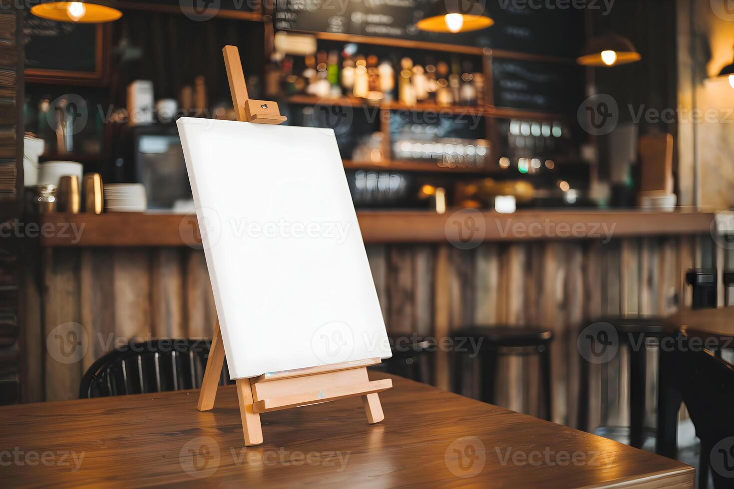 Wooden easel with blank canvas on a table in a rustic cafe photo