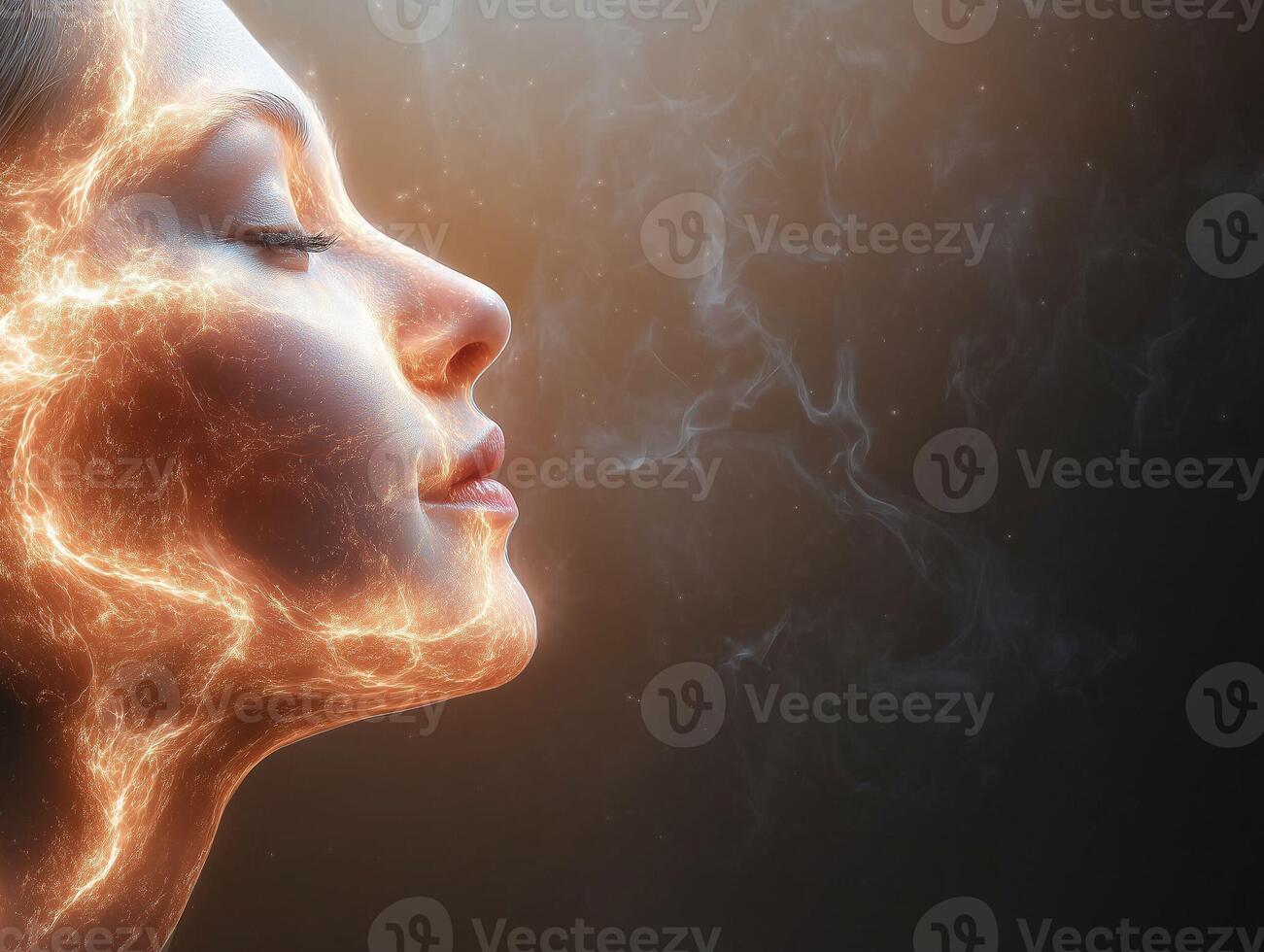 Beautiful Female Face in Rays of Energy photo