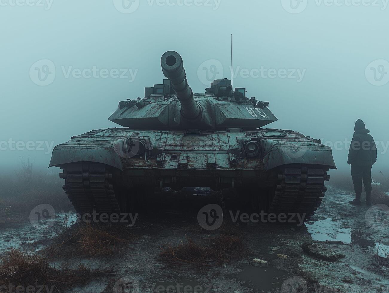 Soldier in Camouflage Uniform Standing Near a Tank on a Muddy Terrain in Foggy Weather photo