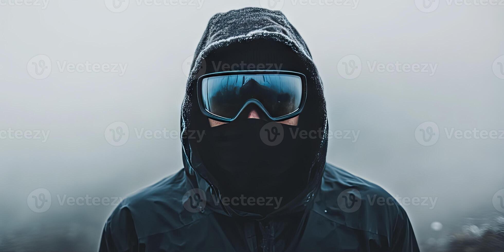 Mysterious Person in Winter Gear, Foggy Day Portrait photo