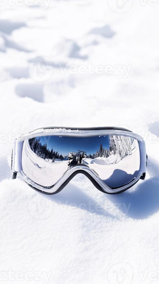 Reflective Ski Goggles on Pristine Snow photo