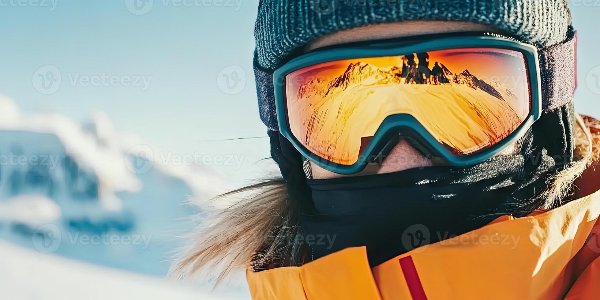 Winter Adventure in Snowy Mountains Mountain View Through Ski Goggles photo