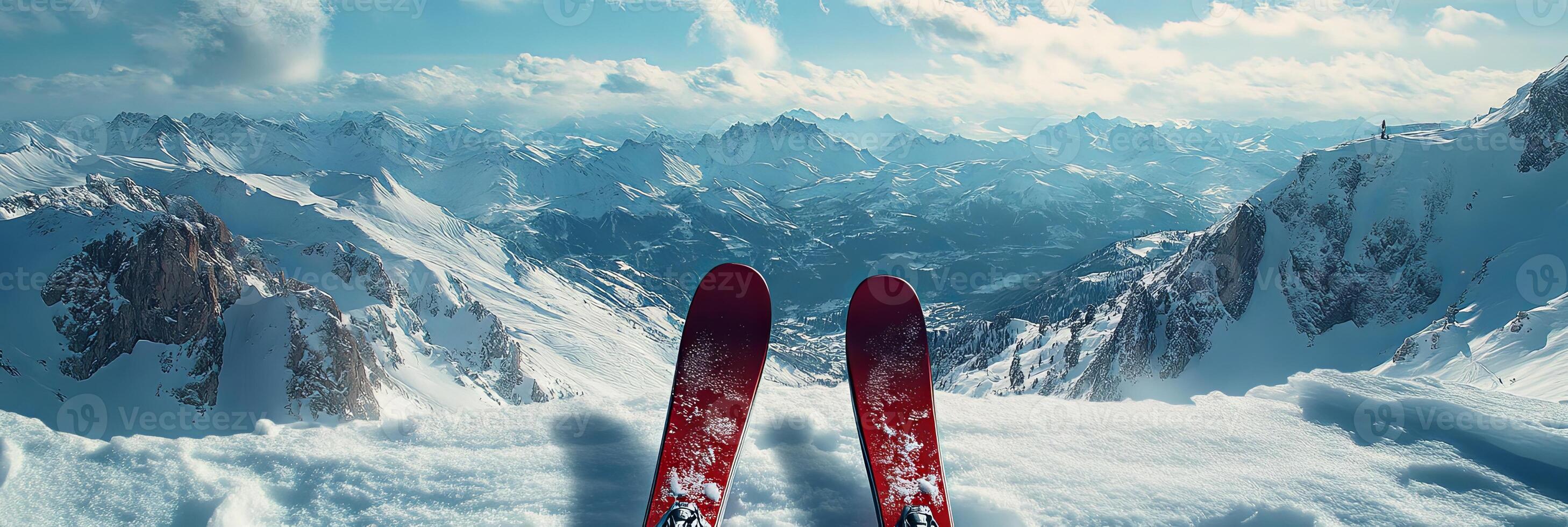 Breathtaking Alpine Winter Mountain Landscape with Ski Equipment photo