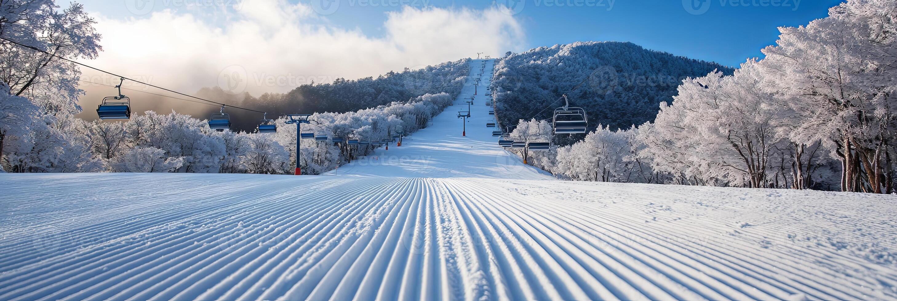 Winter Mountain Ski Resort with Snow Covered Trees and Ski Lifts photo