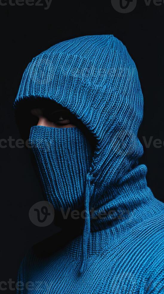 Mysterious Blue Knitted Hoodie Portrait photo
