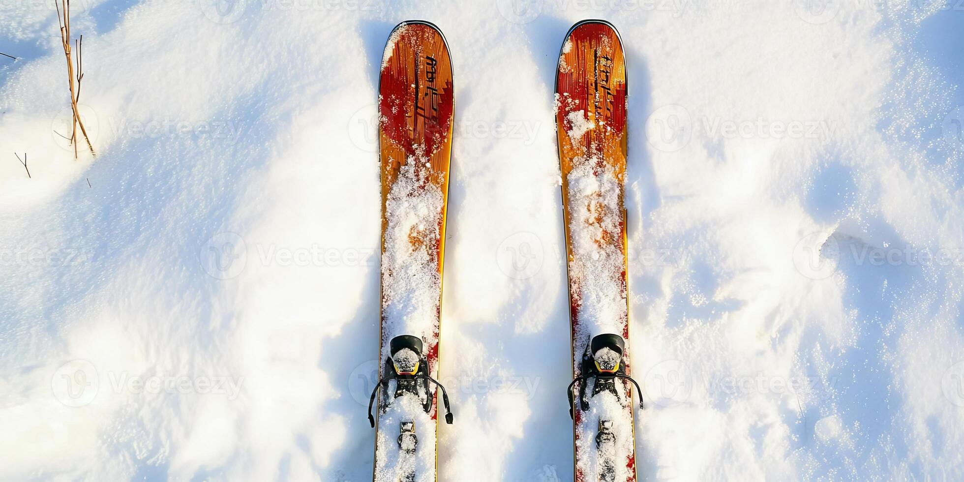 Snowy Ski Equipment on Winter Landscape photo