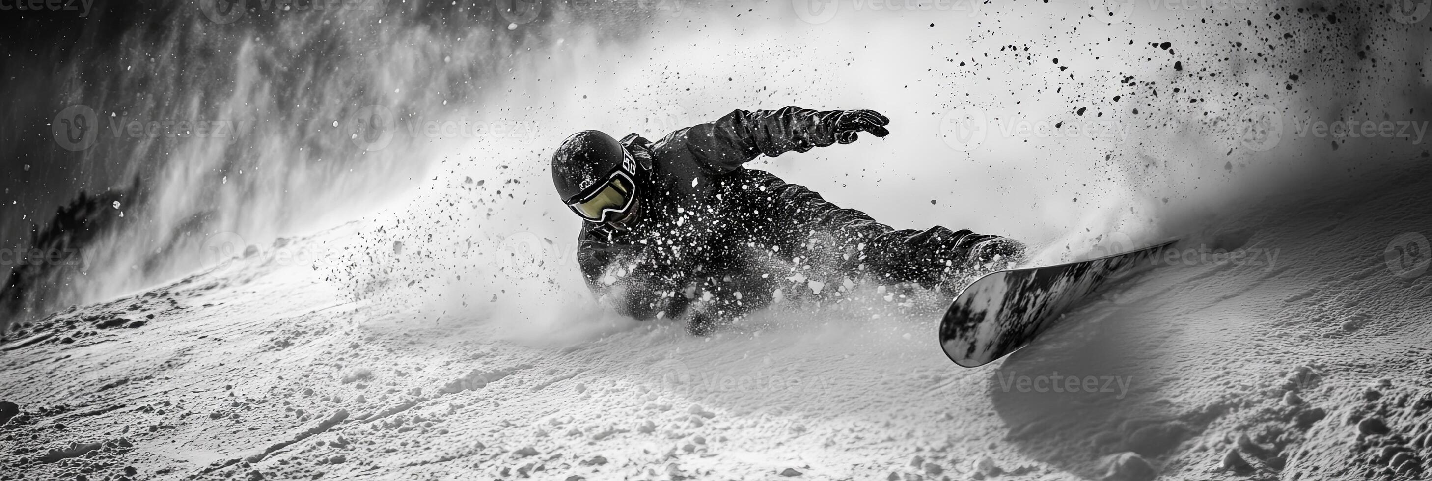 Snowboarder Carving Through Powder Snow photo