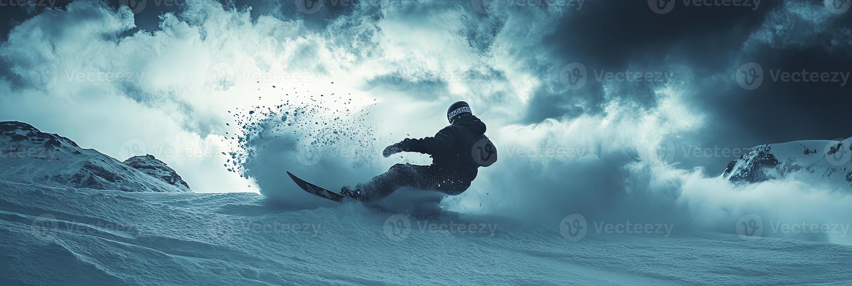 Snowboarder's Epic Descent Through Snowy Mountains photo