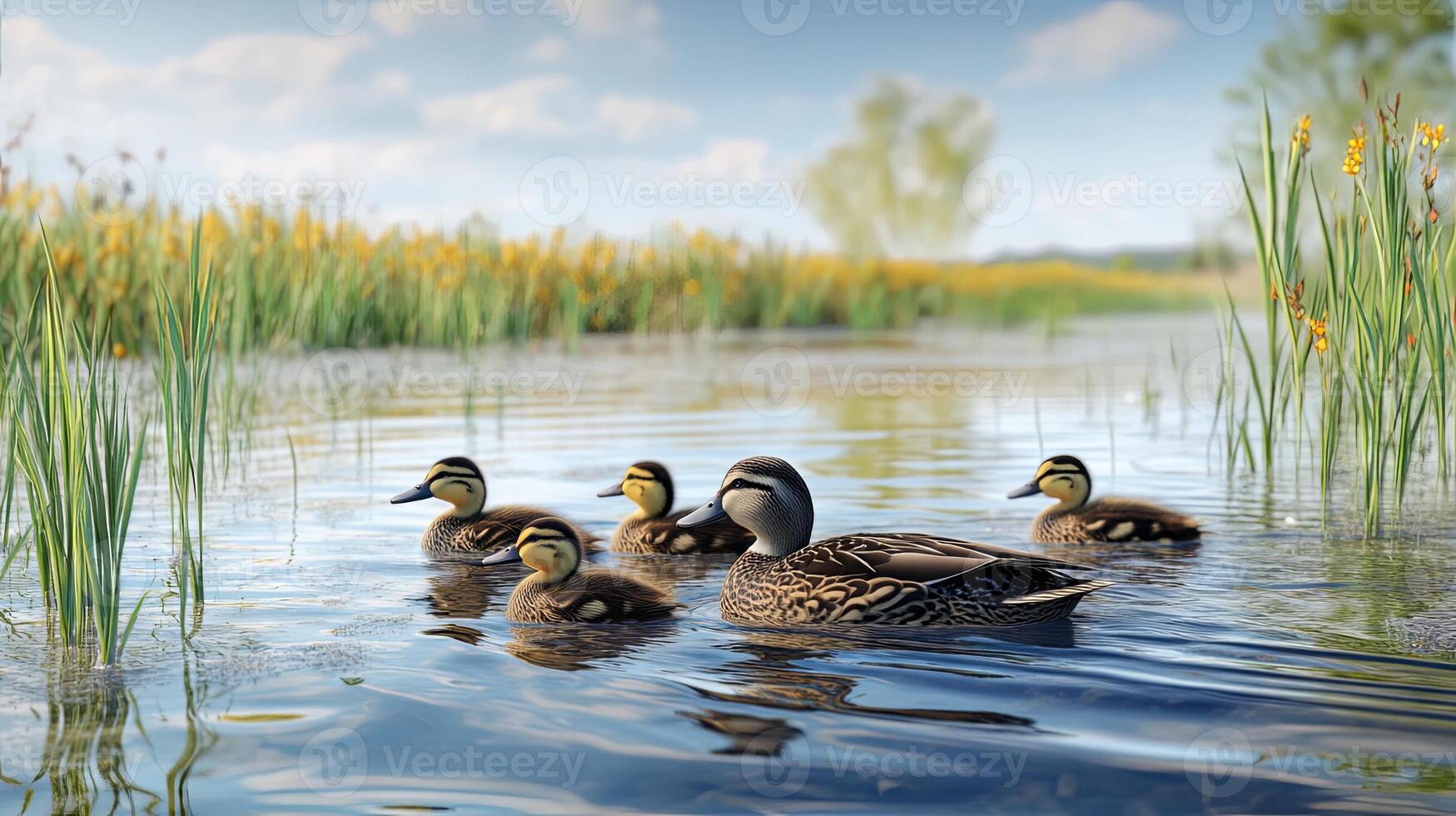 Family of Ducks Swimming in a Pond photo