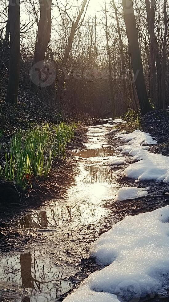 Winter Forest Path with Melting Snow photo