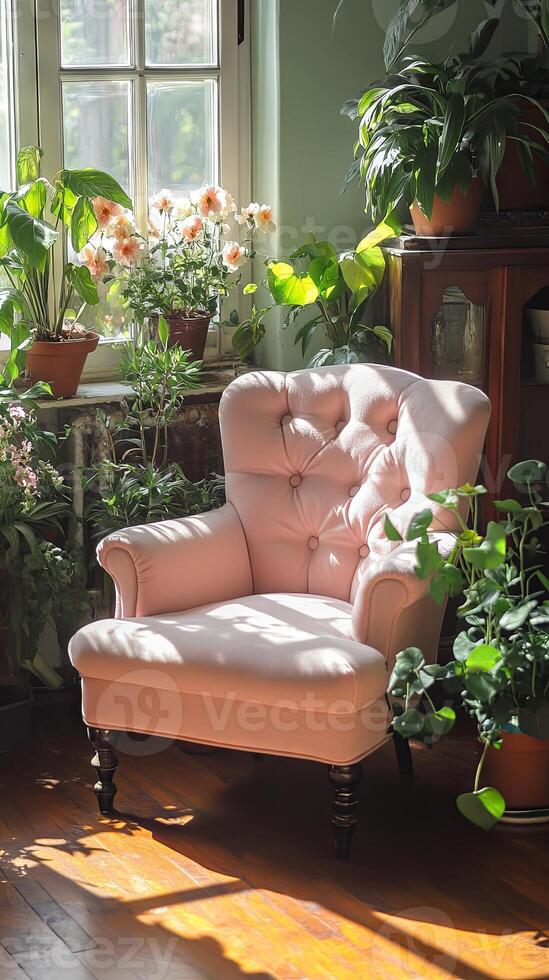 Pink Armchair in a Sunlit Room with Plants photo