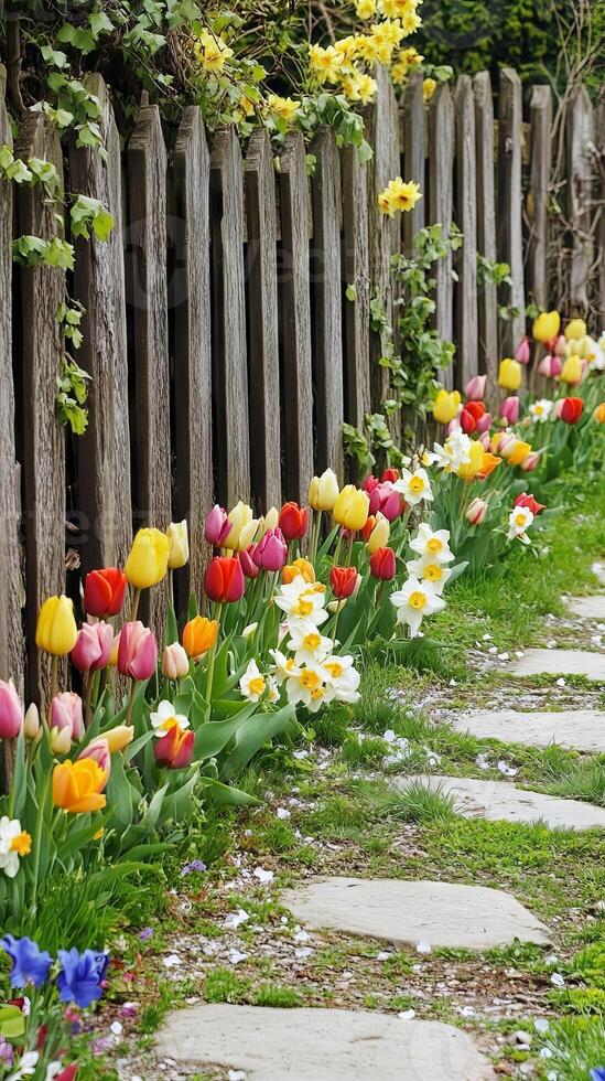 Spring Garden with Colorful Tulips and Daffodils photo