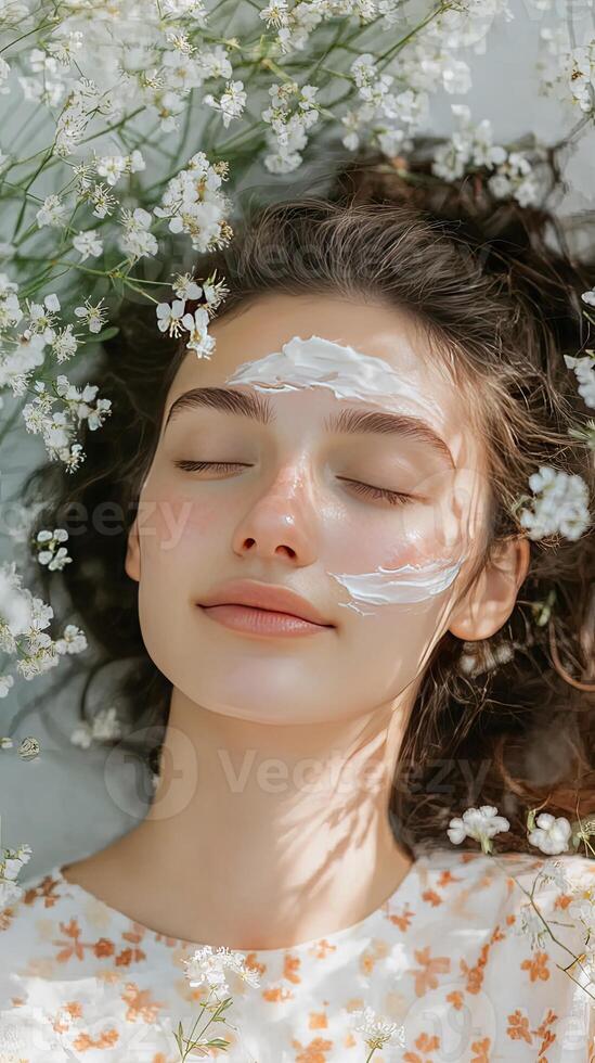 Woman with Face Mask, Surrounded by Flowers photo