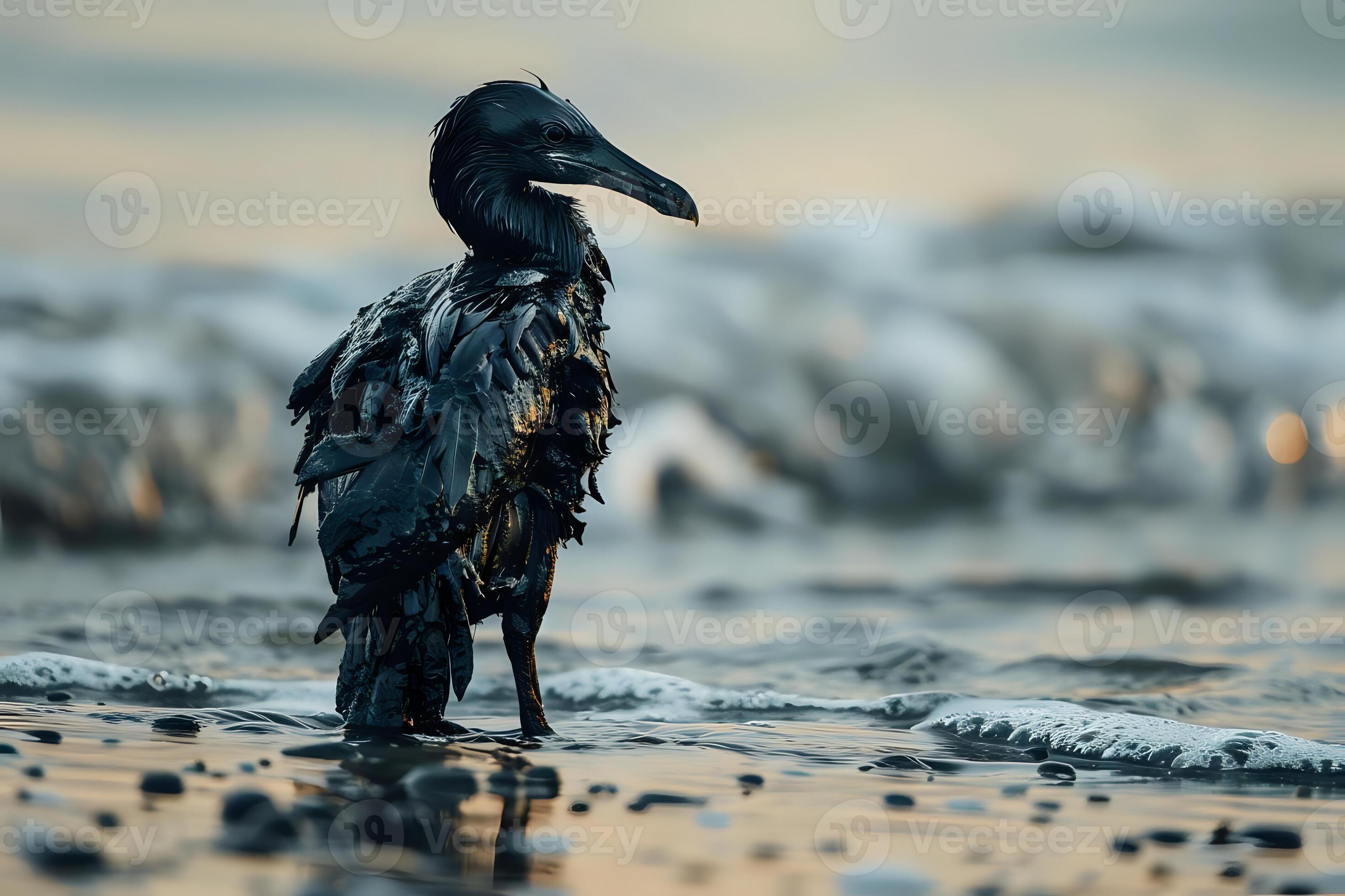 Oil Spill Impact, A Bird Covered in Crude Oil Struggles to Survive Near