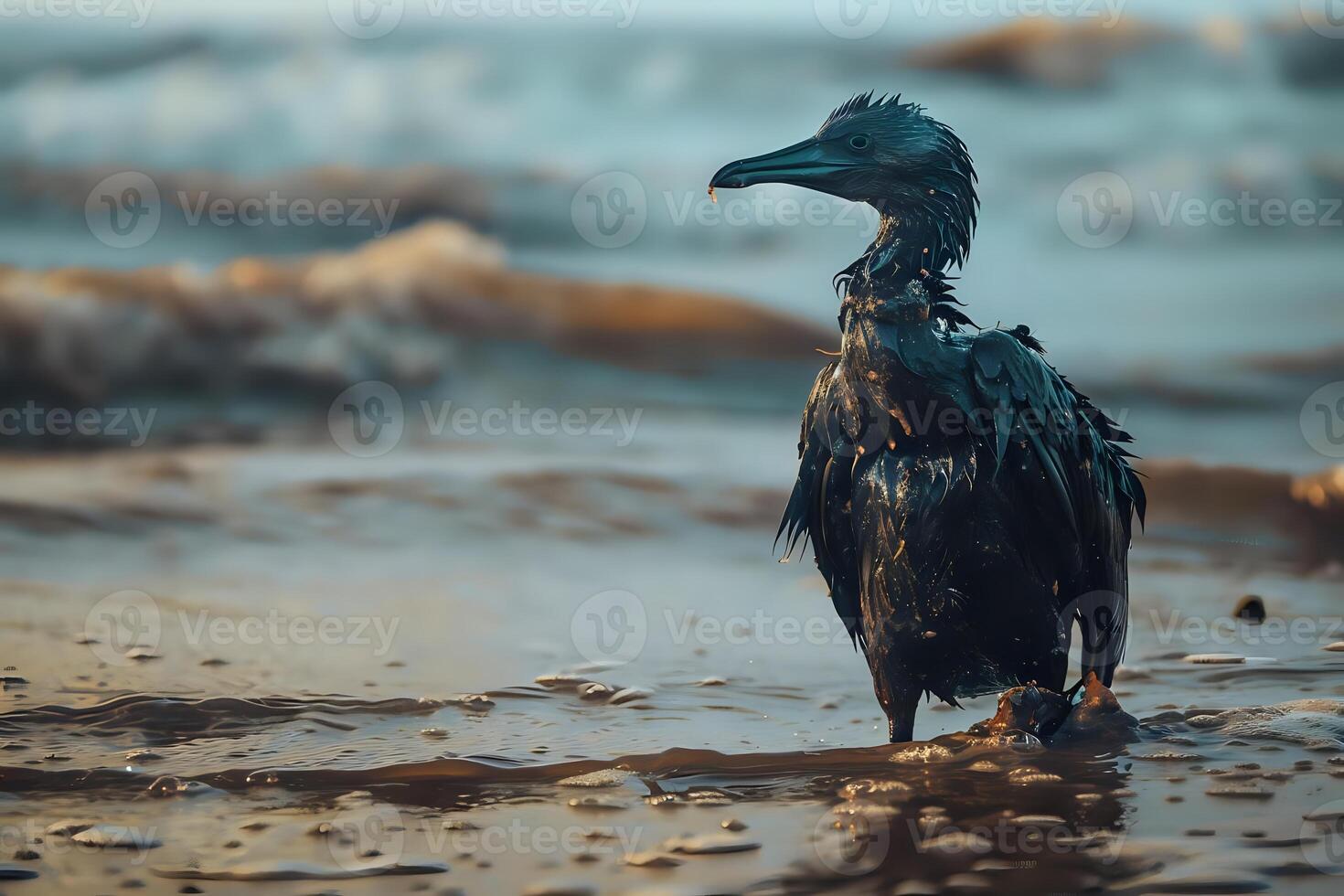Oil Spill. A Bird Covered in Crude Oil Struggles on a Beach, Environmental Catastrophe Impacts Wildlife, Urgent Conservation Needed Now photo