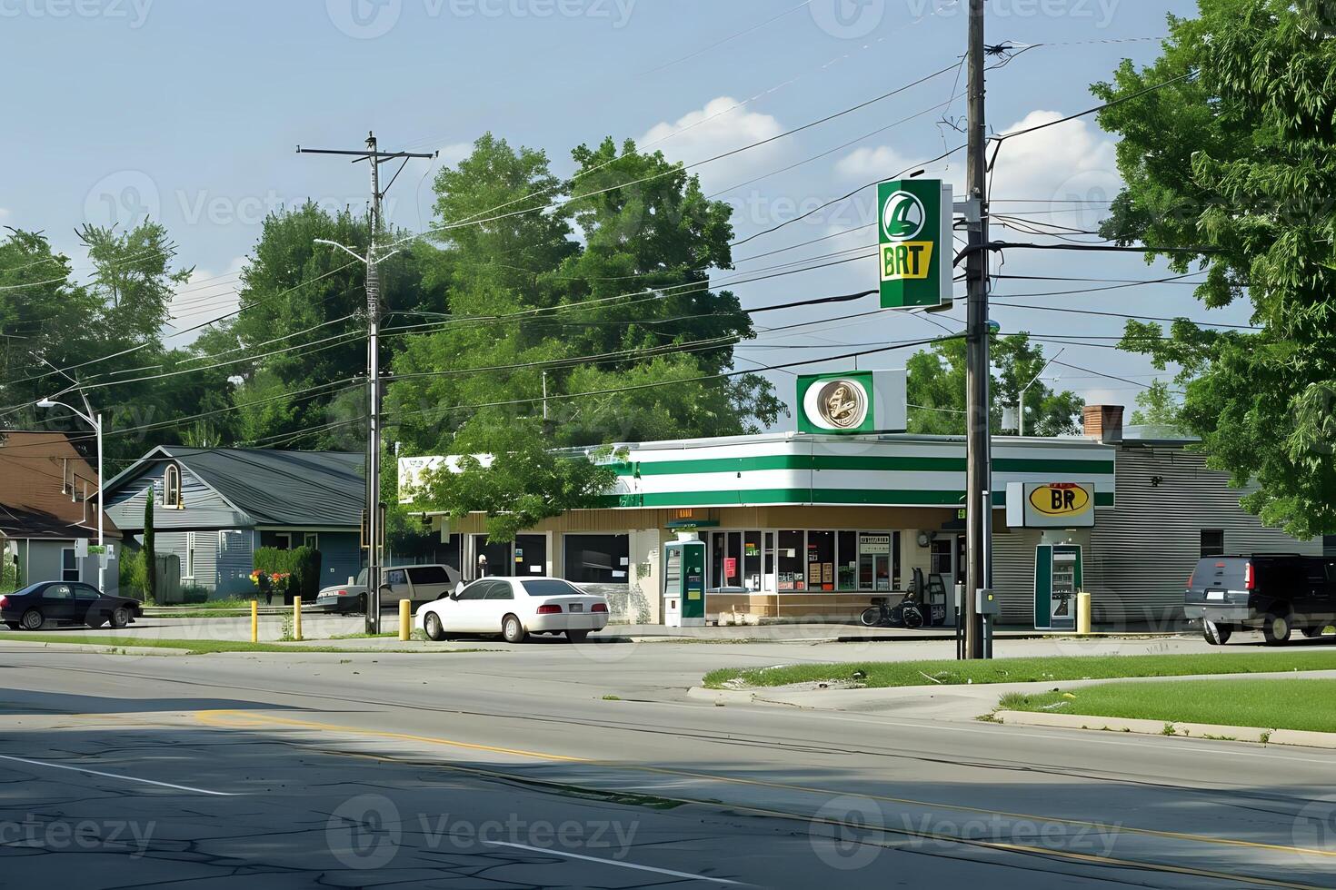Exploring Suburban Streetscapes. Observing Buildings, Vehicles, and Greenery on a Sunny Day in a Quiet Neighborhood, Featuring a Detailed Look at Local Architecture and Transportation. photo