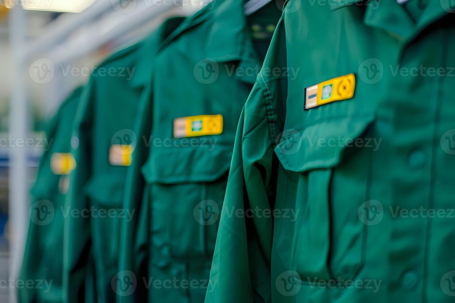 Green Uniforms Hanging in a Row, Ready for Service, Professional Workwear, Clean and Crisp, Organization and Preparation, Neatly Arranged, Industry Standard Garments, Uniform Color Consistency, photo