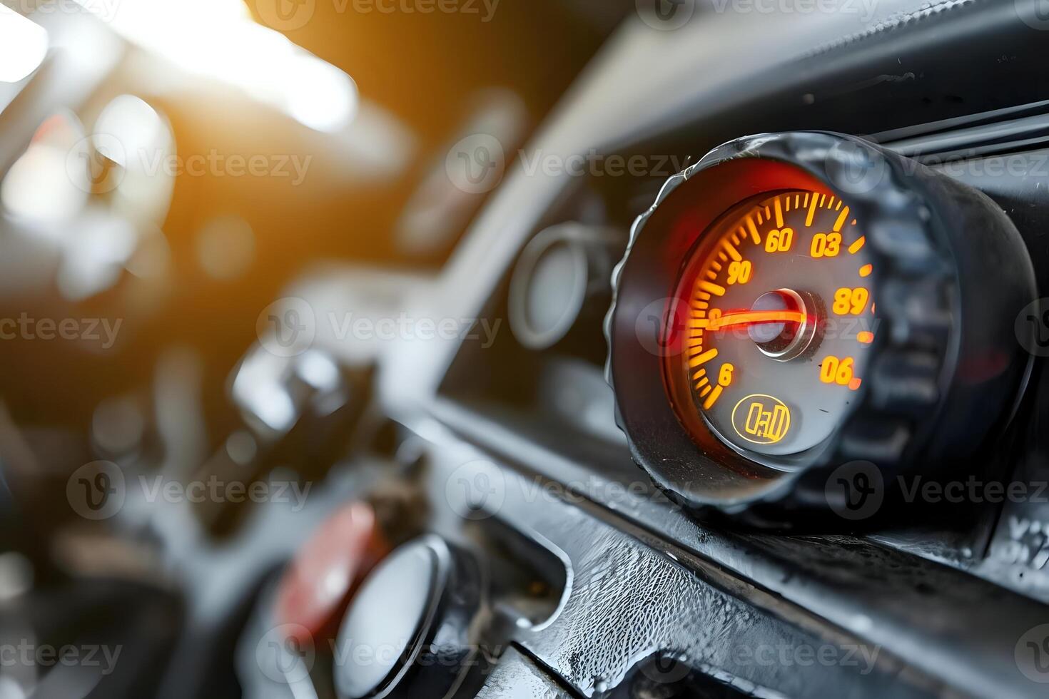 Close-up View of an Illuminated Vehicle Gauge. Precise Measurement of Speed and Fuel, Displaying Accurate Readings in a Dashboard Setting. Illuminated Numbers Provide Clear Visibility. photo
