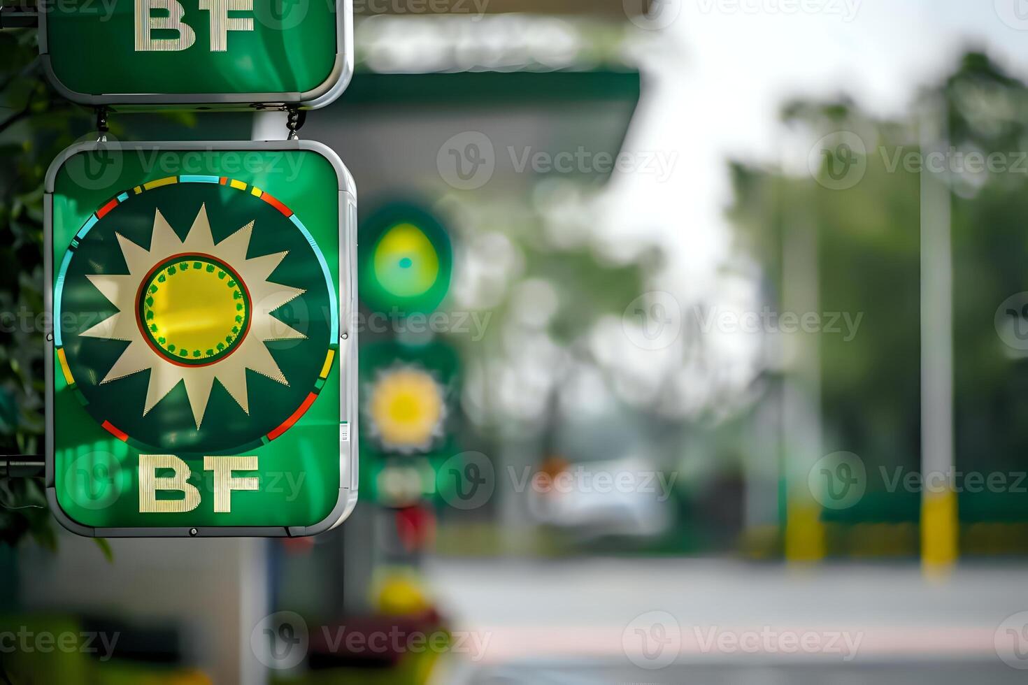 Green Signage with Starburst Design. Fuel Station Indicators Displaying Information Clearly and Concisely, Enhancing Customer Experience Significantly. photo