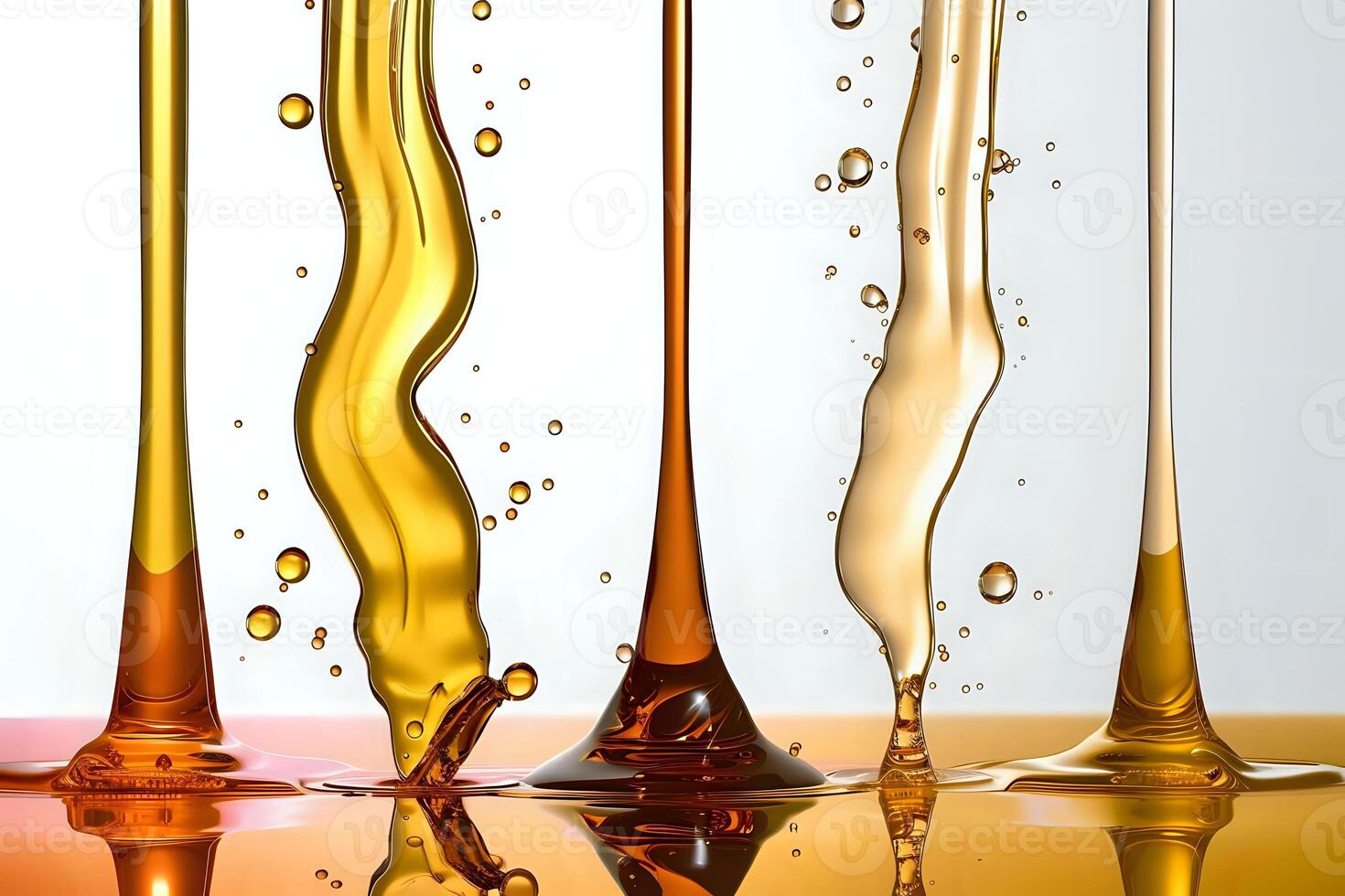 Golden Liquid Streams Flowing, Creating Dynamic Shapes and Reflections, Viscous Substance with Air Bubbles. Abstract Fluid Art Exploration, Oil-Like Texture in Motion. photo