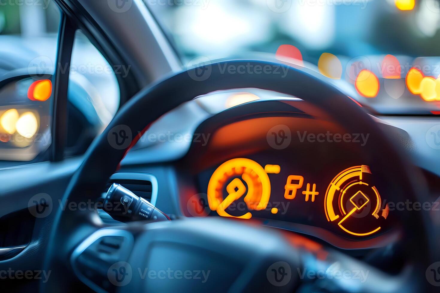 Driving at Night. Exploring the Illuminated Dashboard and Controls of a Modern Vehicle, with a Focus on Nighttime Visibility and Advanced Driver-Assistance Systems ADAS, Enhancing Safety and Comfort photo