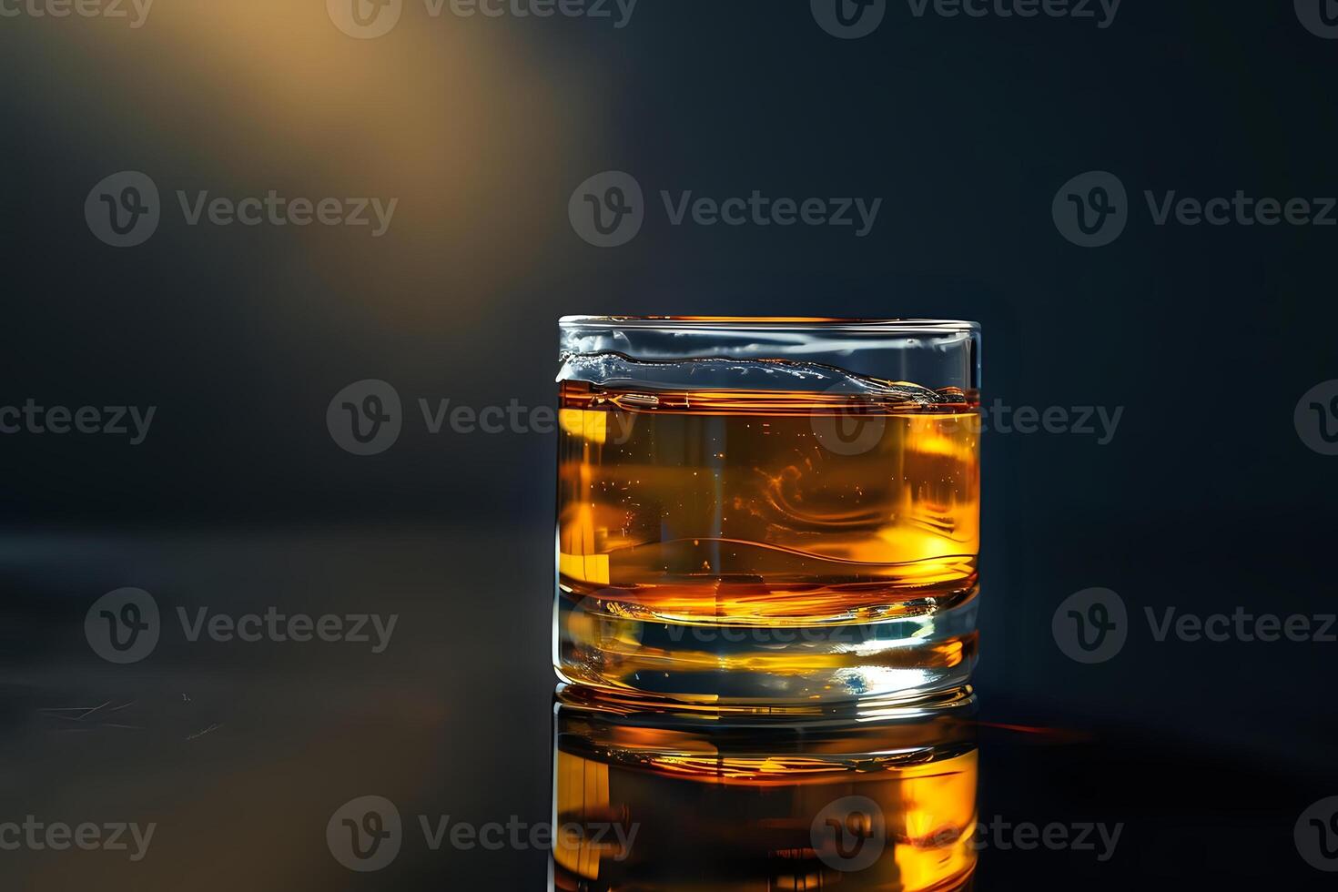 Golden Liquid in a Glass Reflecting Light. A Study of Color, Texture, and Light Play on a Dark Background. Exploring the Visual Appeal of Drinks and Their Ambiance. photo