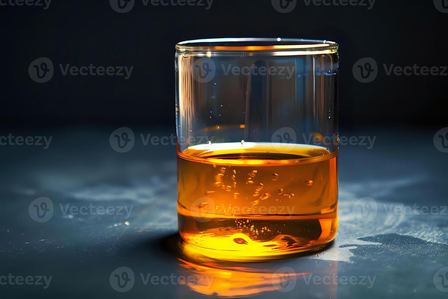 Amber Liquid in Glass. Close-Up View of a Golden Beverage, Sparkling Reflections and Shimmering Texture. Detailed Examination of the Color and Clarity. Viscous Fluid in Cylindrical Container photo
