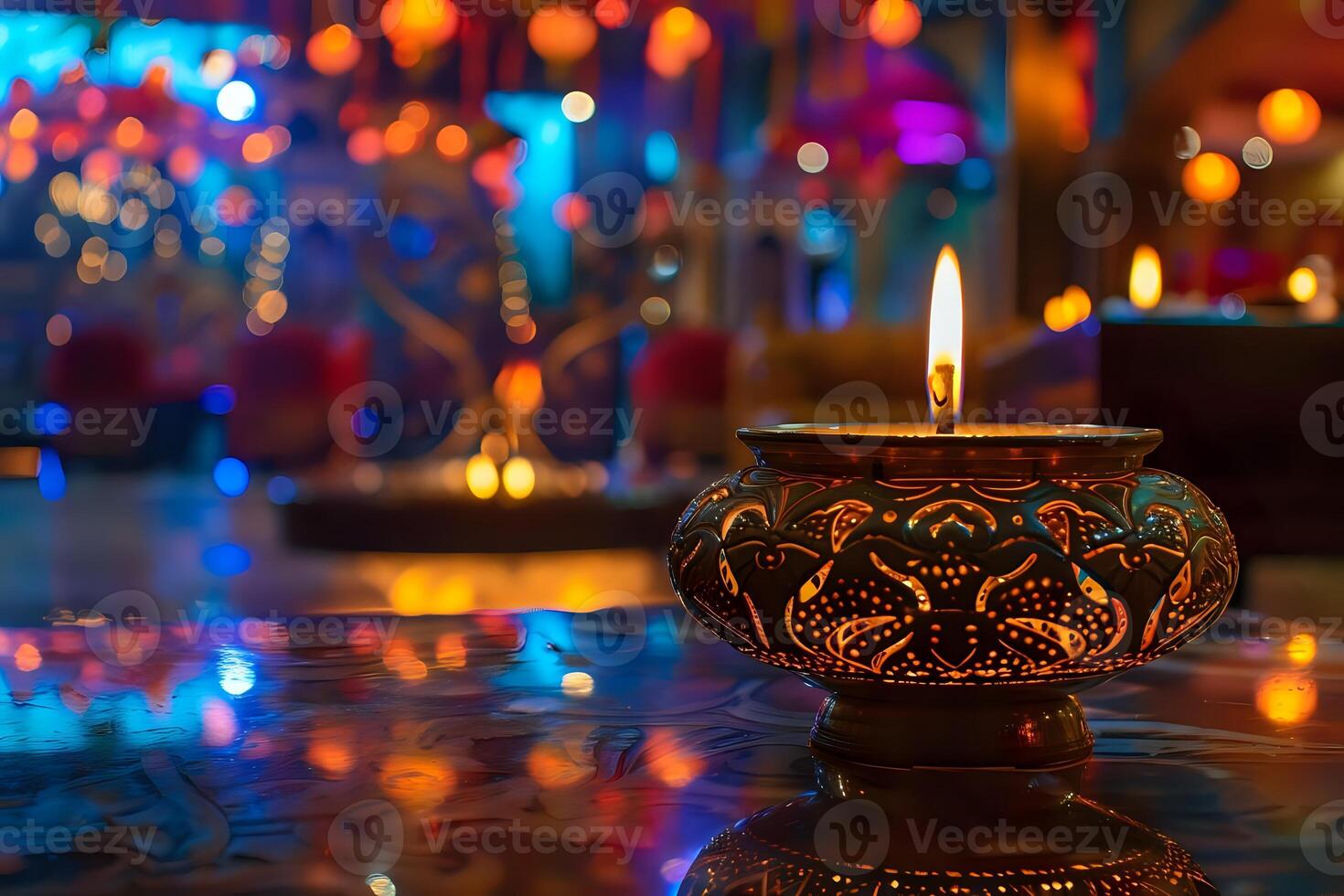 A Single Candle Burns Brightly, Illuminating Intricate Patterns Against a Blurred Background of Festive Lights. A Study in Warmth and Contrast, Captivating Ambiance of a Serene Night photo