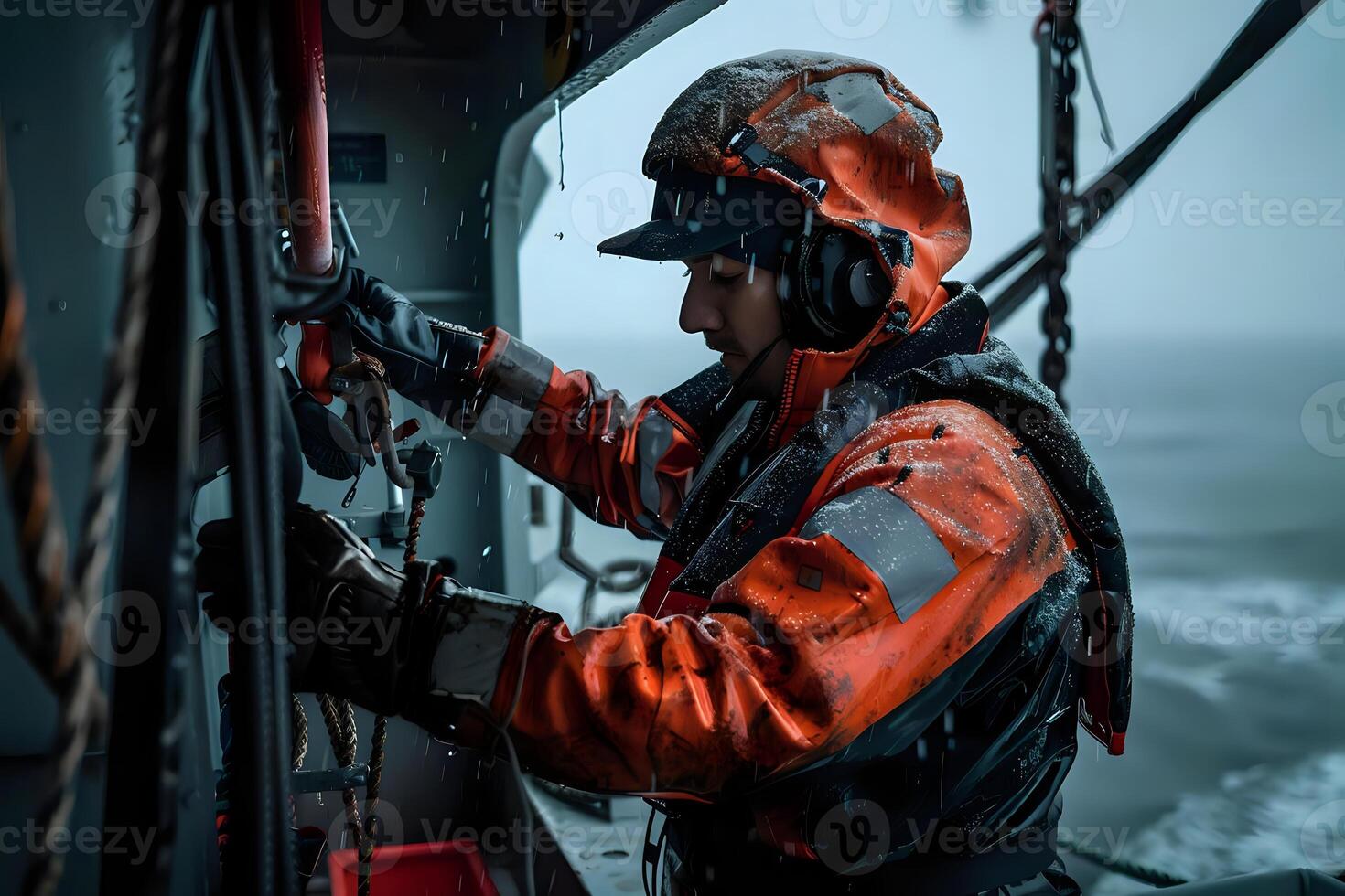 A Sailor Works on a Ship's Ropes in a Snowstorm. Maritime Worker's Dexterity and Resilience Amidst Harsh Weather Conditions, Highlighting the Challenges and Thrills of Seafaring Life photo