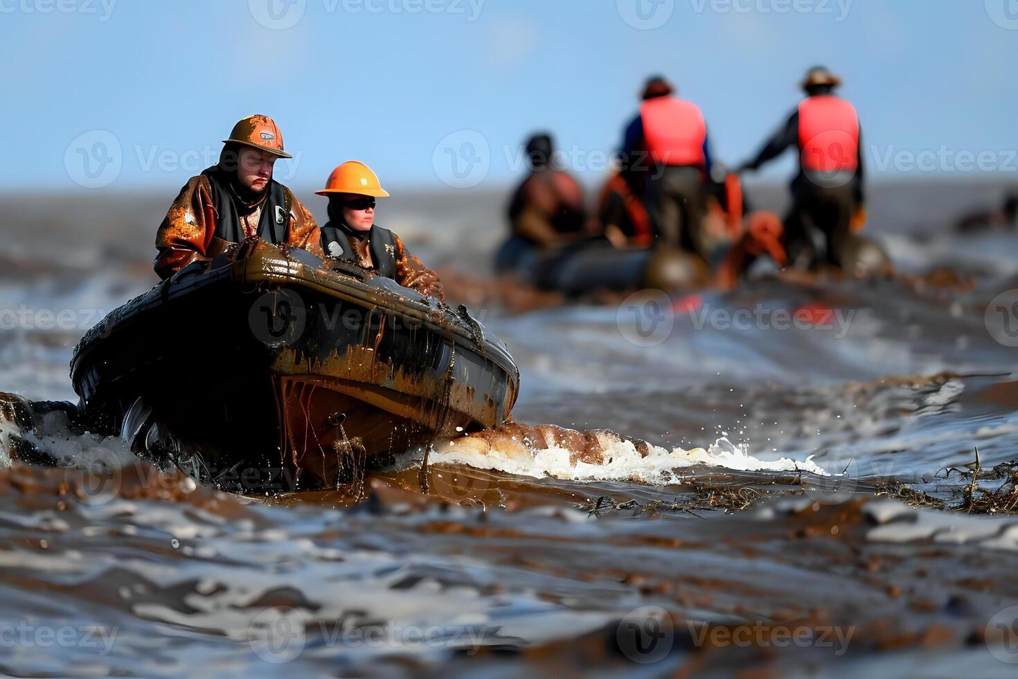 Workers Navigate Contaminated Waters in Small Boats During Environmental Cleanup Operation, Demonstrating Collaborative Efforts and Resilience in Challenging Conditions. photo